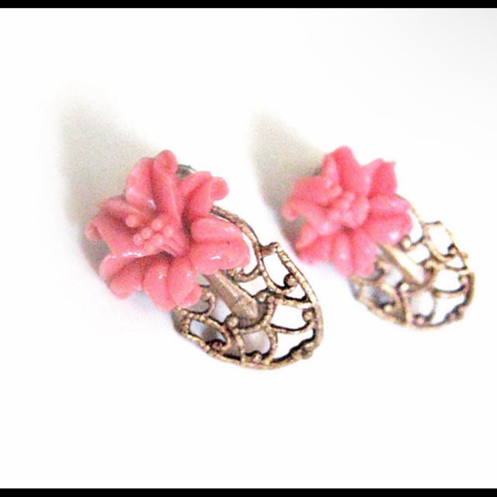 Pink Hibiscus Floral Earrings Brass Filigree Sterling Silver Post And Backings.